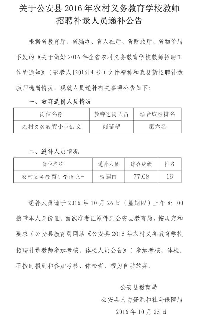 2016荆州公安县农村义务教育学校教师招聘补录递补公告